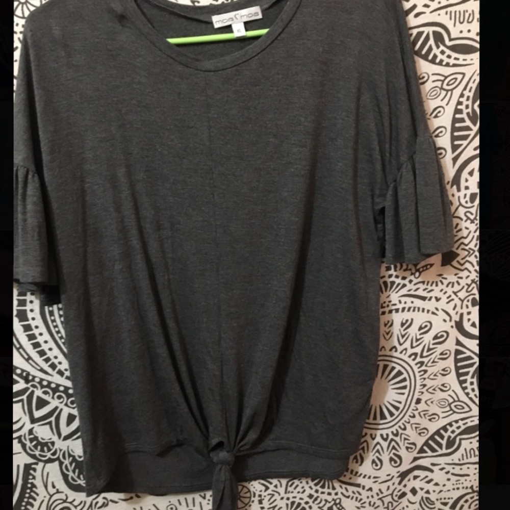 Grey top with tie bottom and bell arms